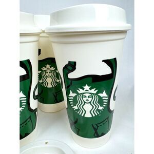 NEW Starbucks Partner Barista Green Apron 16oz Reusable Cup w Lids 2012 LOT of 4